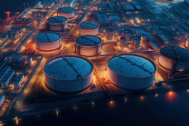 Oil storage tanks at night
