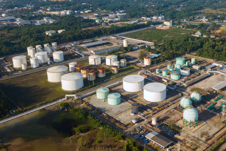 Crude oil storage tanks aerial view